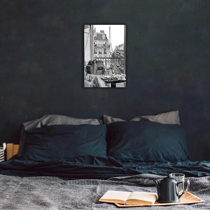Vintage Girl Reading Newspaper Poster Eiffel Tower View Canvas Wall Art Retro Black And White Feminist Room Aesthetic Prints Painting For Home Bedroom Dorm Apartment Wall Decor 12x16in Framed