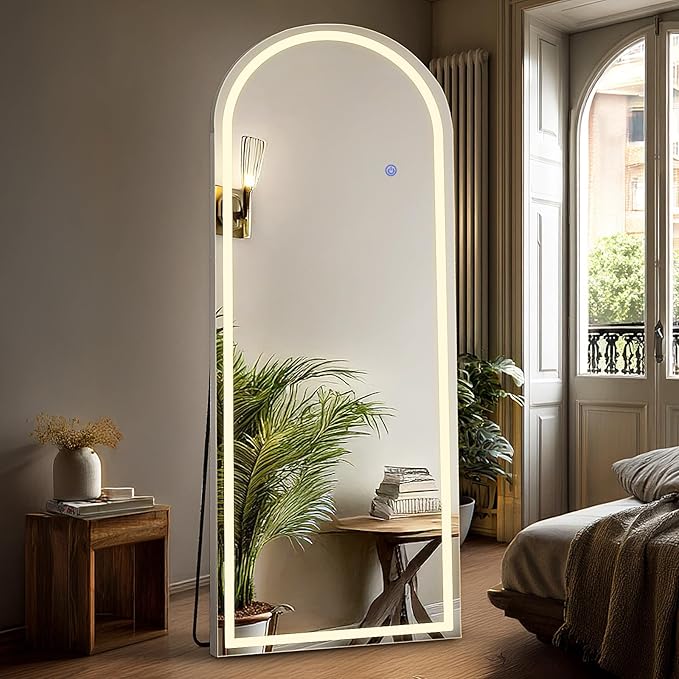 DUMOS Arched Full Length Mirror with Light - 20"×63" LED Floor Standing Mirror with 3 Color Lights & Wall Mounted for Bedroom, Dressing Room, Living Room, Bathroom