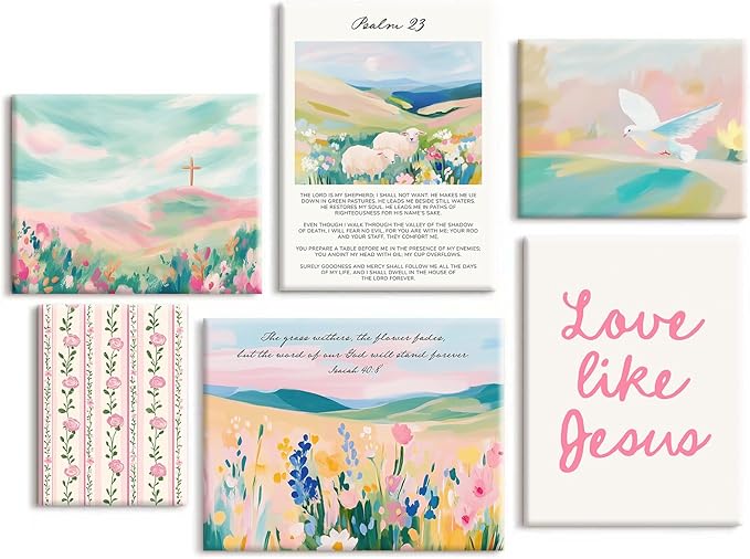 Pastel Pink Christian Wall Art Bible Verse Preppy Canvas Wall Decor Girl Trendy Christian Poster Aesthetic Floral Scripture Prints Cute Religious Pictures for Girls Room 8x10 Inch Ready to Hang 6Pcs