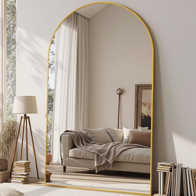 Suidia 76"x44" Arched Full Length Mirror with Stand, Full Body Mirror with Aluminum Frame, Freestanding/Leaning/Wall-Mounted, Floor Mirrors for Bedroom, Living Room, Entryway, Dressing Room, Gold