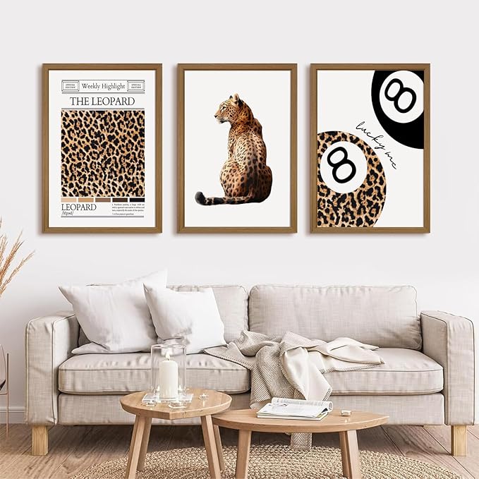 Trendy Leopard Wall Art Cheetah Print Canvas Wall Decor 8 Ball Poster Preppy Room Aesthetic Pictures Funky Coquette Vintage Prints Y2k Fashion Lucky Posters for Bedroom 12x16x3 Inch Framed