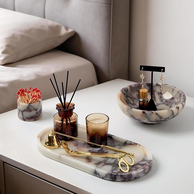 Luxury Natural Oval Marble Tray – 11.8 x 5.9-Inch Calacatta Viola Stone Vanity Tray, Large Makeup Organizer for Perfume Skincare Products, Decorative Tray for Bathroom Coffee Table & Dresser