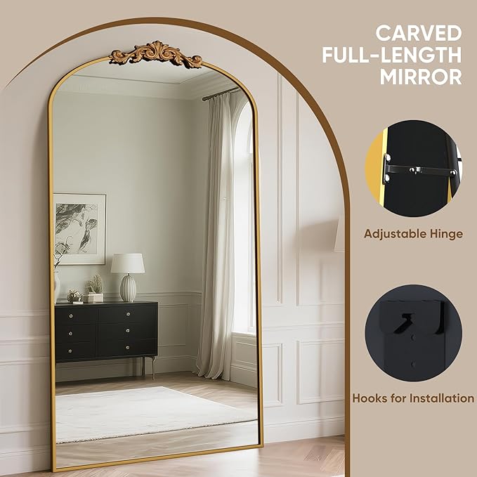 Antok Arched Full Length Mirror, 81"x41" Floor Mirror with Carved, Full Body Mirrors for HomeDecor, Standing/Halling Large Wall Mirror for Bedroom, Living Room, Cloakroom, Gold, Retro Style