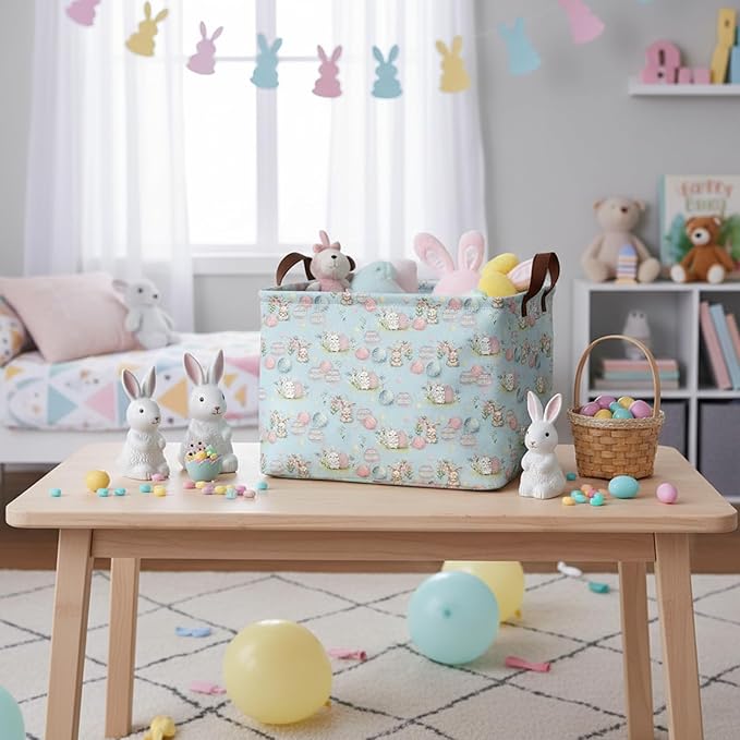 Large Rectangular Cute Kid Easter Basket Empty Bunny Eggs Easter Basket Gift Spring Room Storage Organizer Décor (E-09)