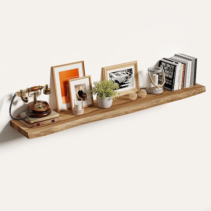 Vivelove 55 Inch Live Edge Floating Shelves Solid Wood, Elm Shelves for Wall with Invisible Bracket for Living Room Bedroom Bathroom Office Book, Rustic Farmhouse Wooden Shelf Set of 1- Natural