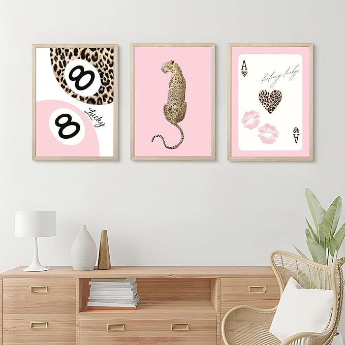 Trendy Leopard Wall Art Cheetah Print Canvas Wall Decor 8 Ball Poster Preppy Room Aesthetic Pictures Funky Coquette Vintage Prints Y2k Fashion Lucky Posters for Bedroom 12x16x3 Inch Framed