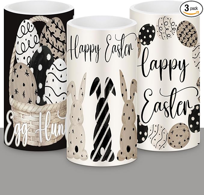 Retisee 3 Pcs Black Brown Easter Flameless LED Candles Battery Operated Bunny Spring Flickering Pillar Candles with Remote Rabbit Easter Centerpiece for Bedroom Living Room Dinner Table Decoration