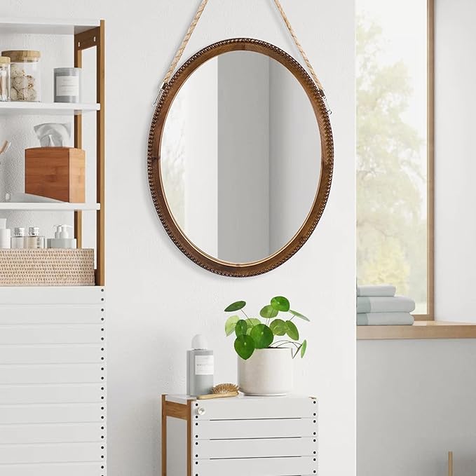 OKSQW 20 Inch Oval Wall Mirror Wooden Bead Frame Art Decorative Rustic Farmhouse Wooden Mirror Hanging Mirror with Rope for Entryway Bedroom Living Room Bathroom