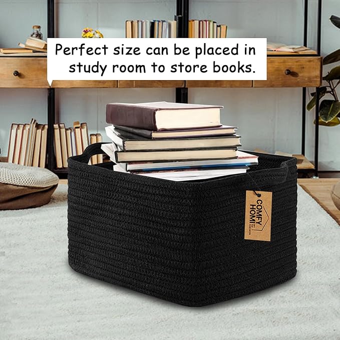 COMFY-HOMI 3PACK Cotton Rope Woven Basket With Handles for Shelves, Toy, Book, Cloth Storage Basket for Organizing|13.5" x 11" x 9.5" For Living Room（all Black）