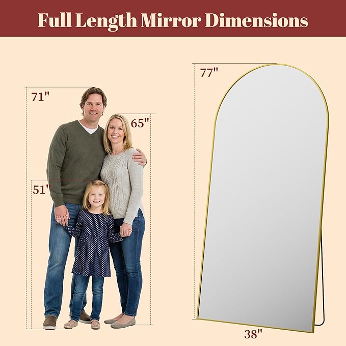 Suidia 78"x38" Arched Full Length Mirror with Stand, Full Body Mirror with Aluminum Frame, Freestanding/Leaning/Wall-Mounted, Floor Mirrors for Bedroom, Living Room, Entryway, Dressing Room, Gold