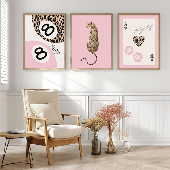 Lhoiplme Cheetah Trendy Wall Art Preppy Leopard Canvas Print Cheetah Room Wall Decor 8 Ball Poster Y2k Pink Coquette Luxury Print Lucky Aesthetic Fashion Pictures for Bedroom 24x36x3 Inch Unframed