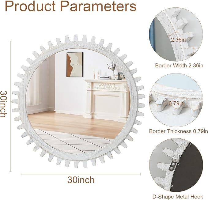 ULIKE Round Wood Mirror, 30 Inch Rustic Farmhouse Circle Mirror with Wooden Frame, Modern Wall Decor for Bathroom Nursery Bedroom Living Room Entryway, White