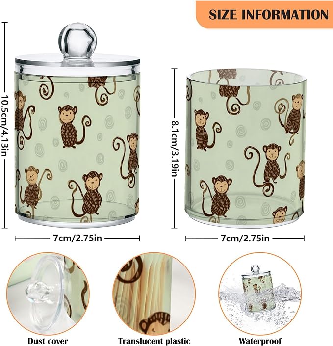 2 Pack Apothecary Jars Artistic Mint Monkey Pattern Bathroom Vanity Storage Organizer Set,Small Clear Plastic Storage Jars Bathroom Canister for Cotton Swabs, Rounds, Balls, Qtips,Makeup Sponge