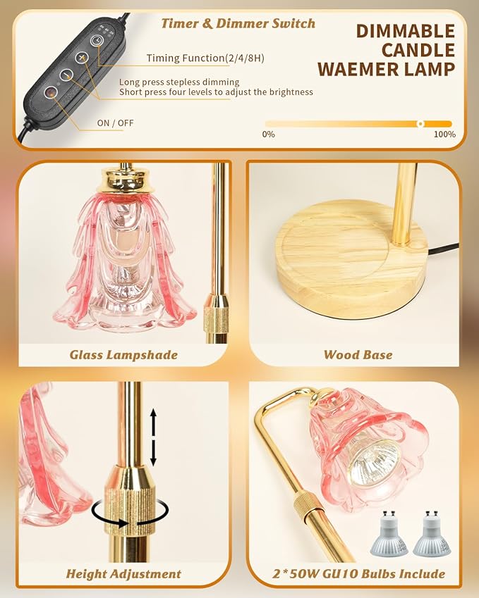 SupBri Candle Warmer Lamp with Timer for Scented jar Candles, Adjustable Height and Dimmable, Mothers Day Birthday Gift for Women Her Mom, House Warming Gifts New Home Decor (Pink)