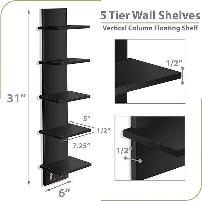 Sorbus 5 Tier Wall Shelf Unit with Hooks, Vertical Column Utility Shelving for Home Decor and Storage Organizer, Wall-Mounted Floating Shelves for Bathroom Storage, Bedroom (2 Pack)