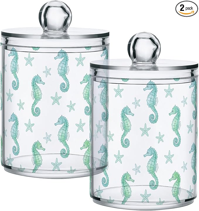 Green Seahorses Starfish Print Bathroom Containers Holder with Lids Set Clear Jars 2 Pack Plastic Makeup Storage Organizer 4.13 x 2.75In for Cotton Swabs Pads Hair Clips