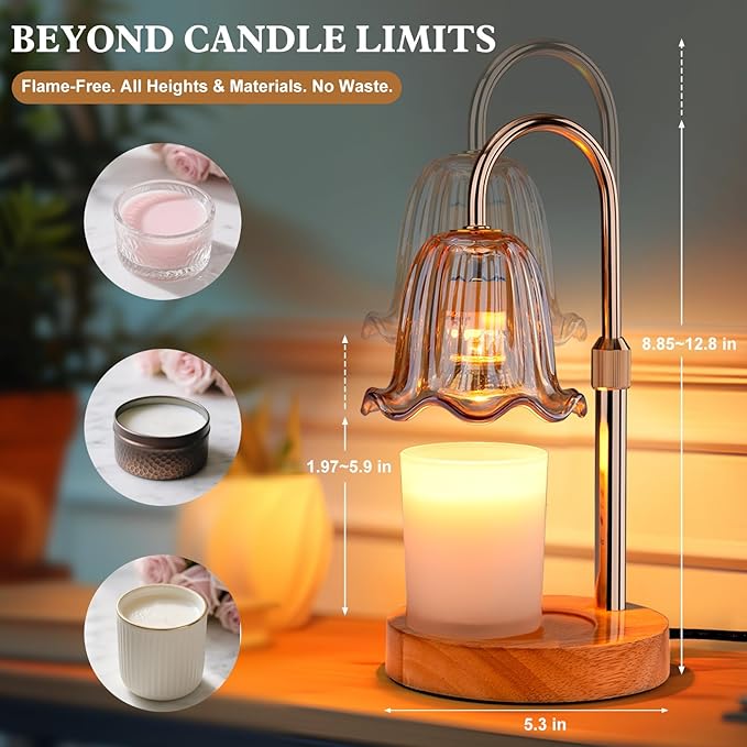 Candle Warmer Lamp Electric: Timer Dimmer Candles Warming Jar Light - Height Adjustable Dimmable Warmers Lamps - Flower No Flame Lamps with Heat Warm Melt Wax - Home Bedroom Decor Table Light