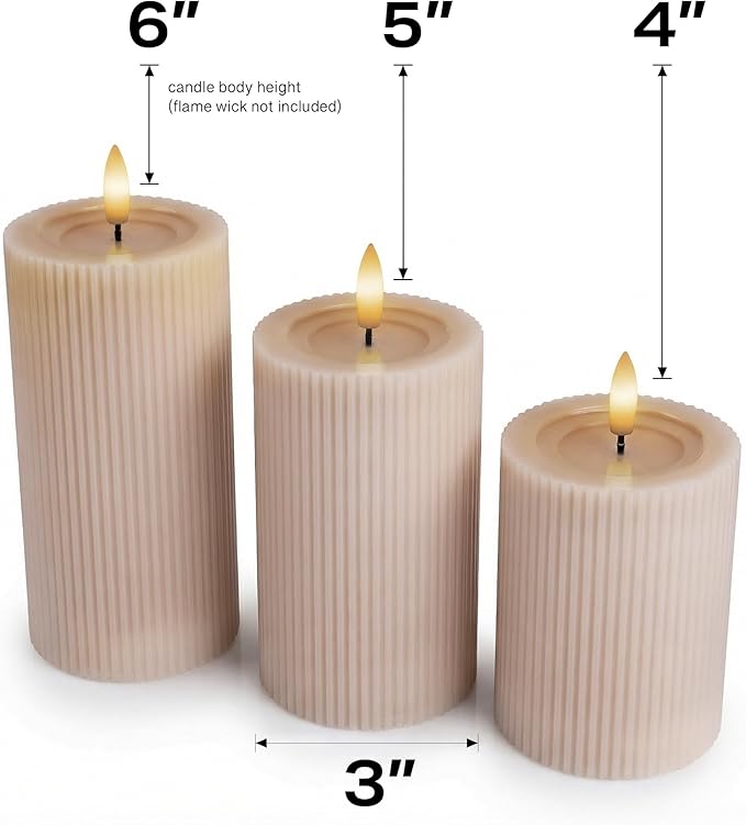 Fluted Ribbed LED Pillar Candles, Blush Beige, with Reflective Melted-Wax Effect – Flickering Flame, Remote, Dimmable, Flameless, Battery Operated, Home & Wedding Decor (Set of 3)