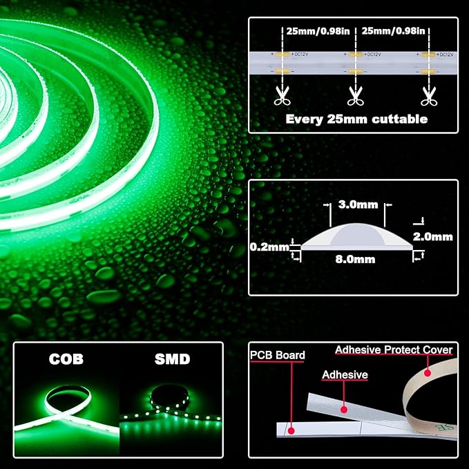 TOPAI 12V COB LED Strip Green 16.4ft Waterproof IP65 Super Bright 2400LEDs Dotless Outdoor LED Tape Lights Flexible Cuttable for Boat, Yacht, Kayak, Home Lighting