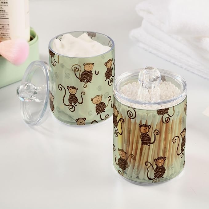 2 Pack Apothecary Jars Artistic Mint Monkey Pattern Bathroom Vanity Storage Organizer Set,Small Clear Plastic Storage Jars Bathroom Canister for Cotton Swabs, Rounds, Balls, Qtips,Makeup Sponge