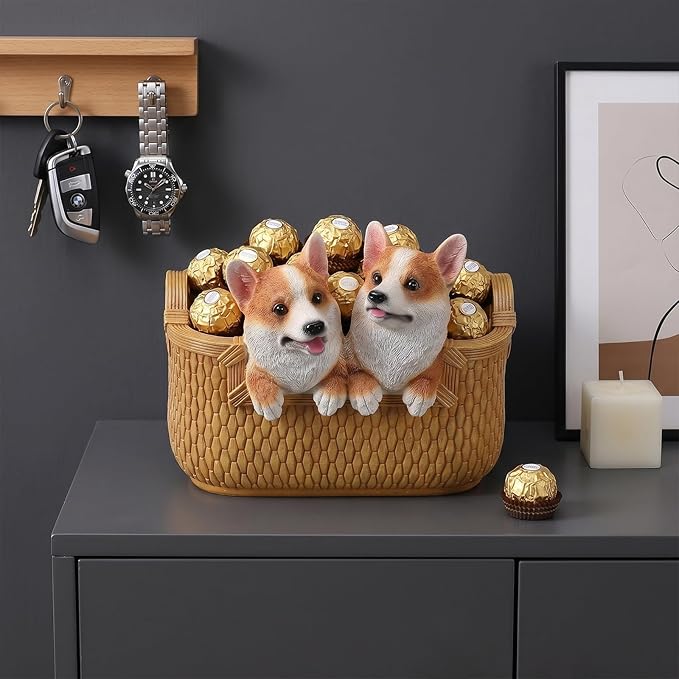 Dog Resin Storage Basket, Desktop Organizer for Remote & Keys, Cute Home Decor Tray, Ideal present for Pet Lovers.(Two corgis)