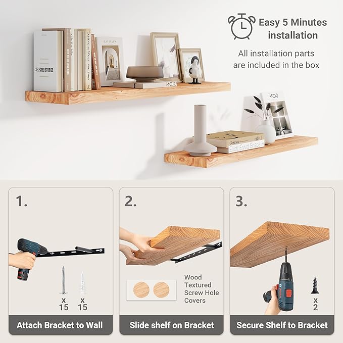 Vivelove Elm Floating Shelves for Wall Solid Wood, 24 Inches Long Rustic Wall Shelf with Invisible Bracket for Living Room Bedroom Bathroom Office Book, Farmhouse Display Shelf, Set of 2 - Natural