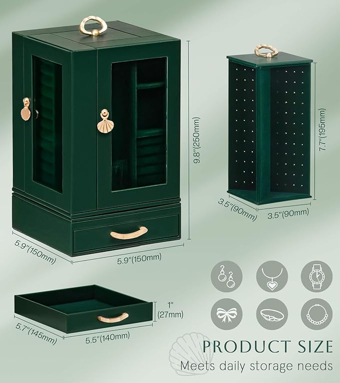 Enthralite Jewelry Box Large for Dresser: Women Necklace Ring Storage Organizer with Compartments - Elegant Earring Holder Display - 360° Rotating Jewelry Organizer with Glass Door