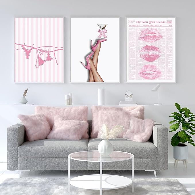 Pink Coquette Wall Art Decor Trendy Aesthetic Posters Preppy Funky Y2k Canvas Wall Art Decor Bow Girly Room Pictures Coquette Bikini Lips Prints Pink Artwork for Dorm Bedroom 16x24x3 Inch Unframed