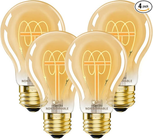 A19 Vintage E26 LED Edison Light Bulbs 40 Watt, Non-Dimmable, 2200K Amber Warm Light Bulbs, 4W LED A19 Edison Bulb 40 Watt Equivalent, 4 PACK Vintage Antique Decorative Light Bulbs, CRI 90+