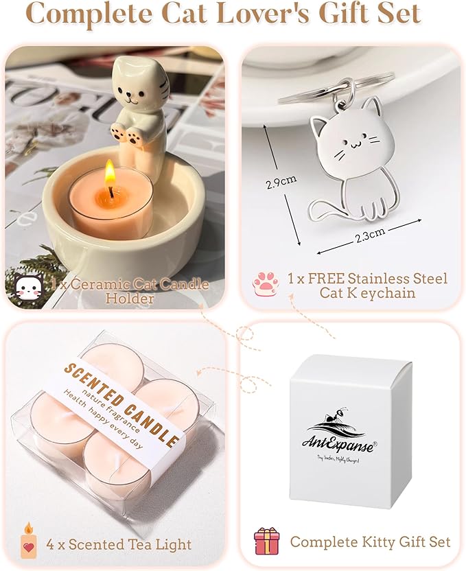 Cat Candle Holder with 4 Scented Tealight Candles & Free Keychain, Cute Ceramic Kitten Candlestick, Cartoon Cat Paw Candle Decor, Cat Lover Gift for Women, Home Aromatherapy Set
