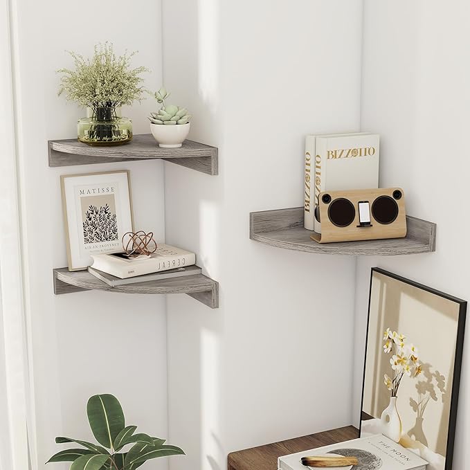 Corner Shelves 3-Pack for Bathroom & Kitchen, Space-Saving Floating Corner Wall Shelf with Easy Installation- Grey