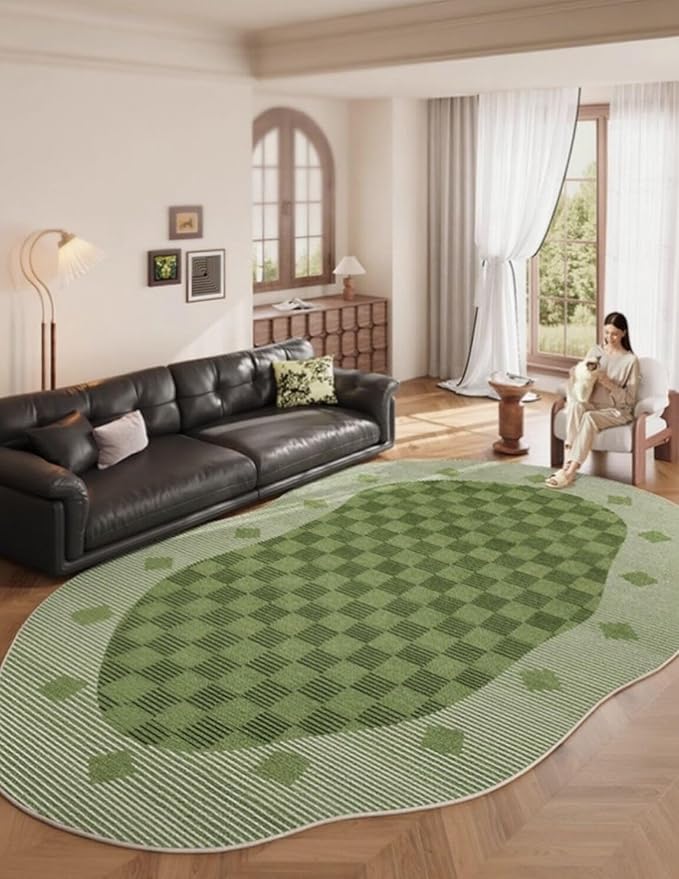 9x12 Odd Shaped Rugs Green Checked Irregular Area Rug for Living Room Bedroom Meetingroom Non Skid Indoor Throw Carpet Machine Washable Unique Designer Rug Boho Playroom Nursery Dorm Floor Rug Mat