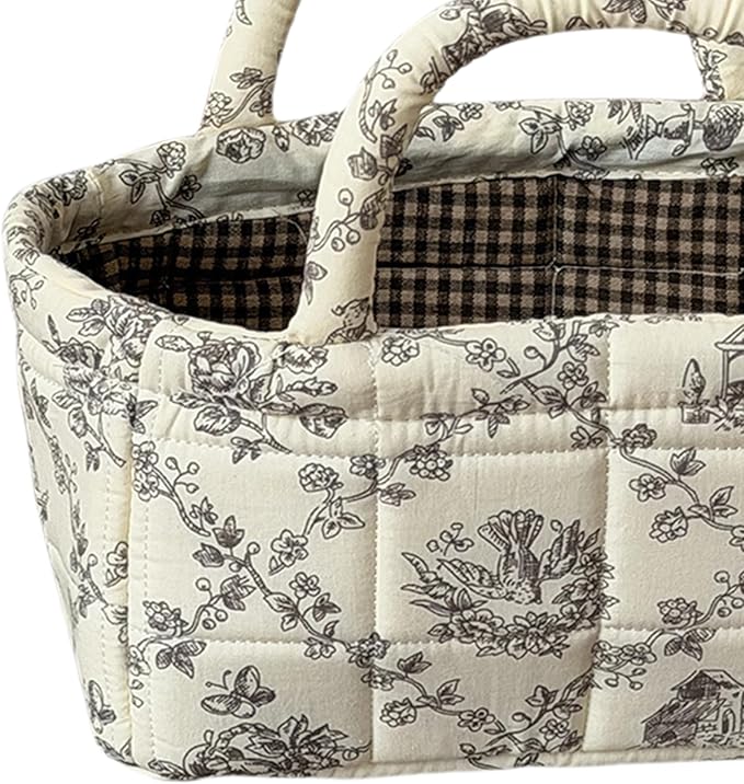 Small Floral Storage Bins with Cotton Handles – Collapsible Boho Fabric Storage Basket for Drawers, Shelves & Desktop
