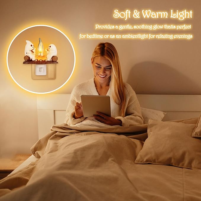 Ghost Campfire Flickering Night Light, 3D Small Electric Faux Campfire Night Light,Ghosts Campfire Flicker Flame Nightlight, 5in LED Campfire Night Lights Funny Halloween Decor