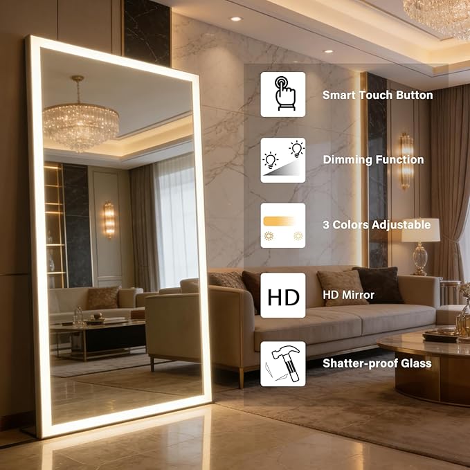 Full Length Mirror with Lights, 180x80cm Full Body Mirror with Light, Lighted Floor Mirror, LED Full Length Mirrors Wall Mounted Dimming & 3 Color Lighting for Bedroom, White