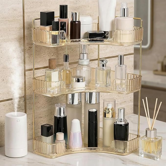 Multi-Tier Corner Countertop Organizer Rack, 90° Space-Saving Bathroom Makeup Organizer Countertop, Tool Free Acrylic Storage Rack for Bathroom, Vanity, Dresser, Makeup, Cosmetics (Gold-3-tier)