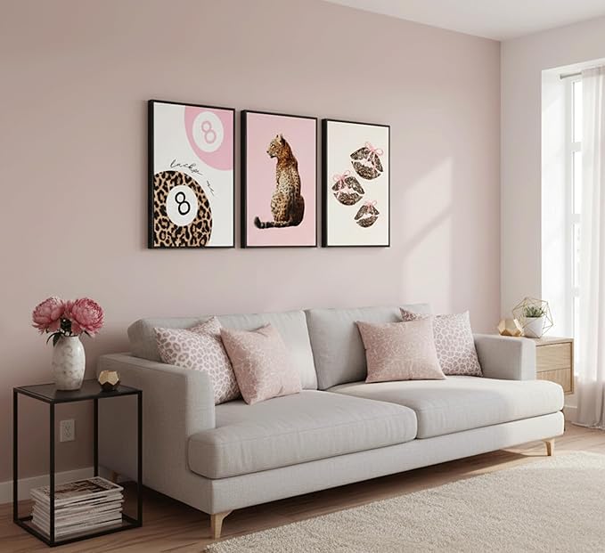 YZLYAD 3Pcs Pink Trendy Leopard Wall Art,Fashion Cheetah Lucky 8-Ball Canvas Posters,Lip Bow Painting Pictures,Preppy Y2k Wall Decor for Bedroom Dormitory Apartment.16x24in Unframed