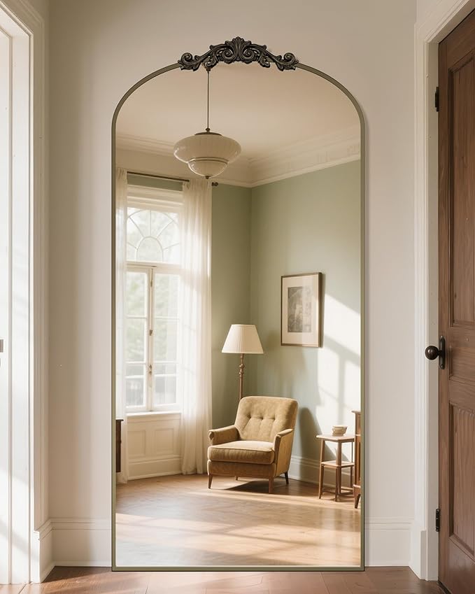 Antok Arched Full Length Mirror, 78"x38" Floor Mirror with Carved, Full Body Mirrors for HomeDecor, Standing/Halling Large Wall Mirror for Bedroom, Living Room, Cloakroom, Bronze, Retro Style