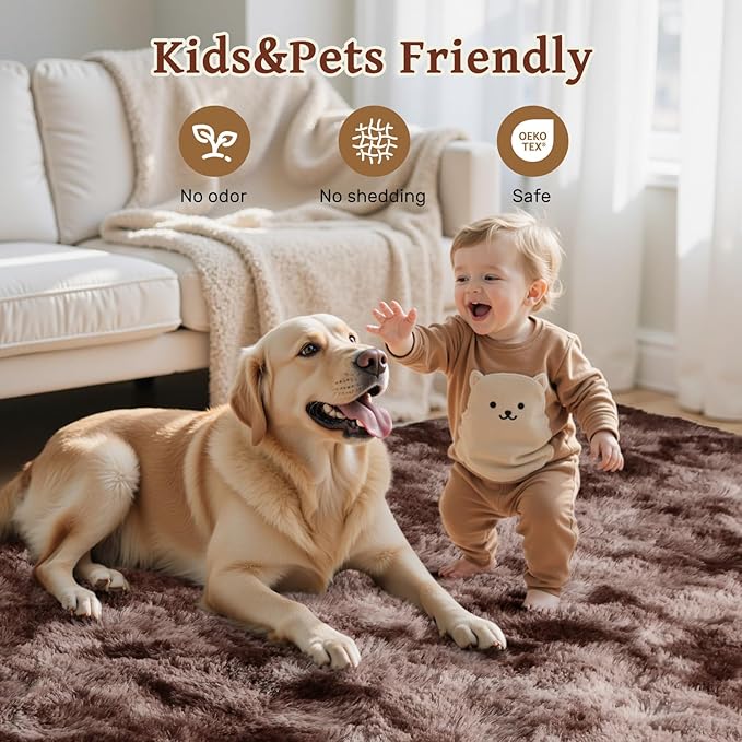 Brown Rugs for Bedroom 4x6 Fluffy Fur Living Room Area Rug, Rustic Plush Non-Slip Dark Carpet for Book Room Office,Coffee Stain Resistant