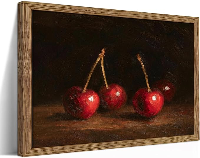 Vintage Cherry Wall Art for Kitchen, Classic Still Life Oil Painting Canvas Wall Decor, Retro Rural Farmhouse Fruit Food Artwork Prints Pictures for Kitchen Dining Room 16x24 Inch Framed