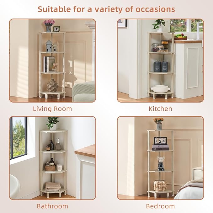 YUFAM 4-Tier Corner Shelf with Sturdy 5-Leg Base, 41in Tall Narrow Bookcase for Small Spaces, Wooden Plant Display Shelf, Thin Bookshelf for Living Room, Bedroom, Office, Grey White