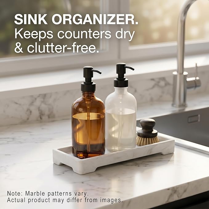Countertop Vanity Tray - Silicone Bathroom Sink Organizer & Kitchen Soap Tray, Footed Anti-Slip Design, Waterproof Caddy for Perfume, Jewelry, Makeup, Bottle, Oil, Sponge Holder, White Marble 10"x4.2"