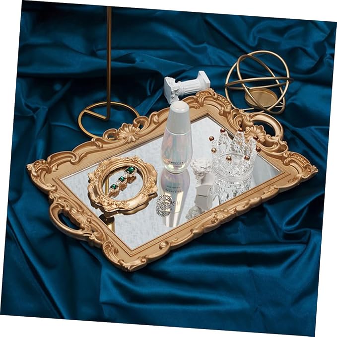BESTYASH Retro European Mirror Tray for Cosmetics Storage, Golden Rectangular Makeup Organizer Plate, Decorative Vanity Tray for Home Décor and Photography Display