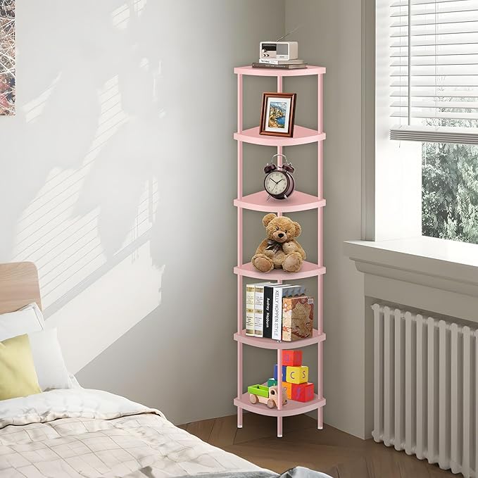 Qupui 6 Tier Corner Shelf Stand, 66” Tall Corner Bookshelf Multipurpose Shelving Unit, Plant Stand Display Rack Home Organizer Shelves for Bedroom Living Room, Pink