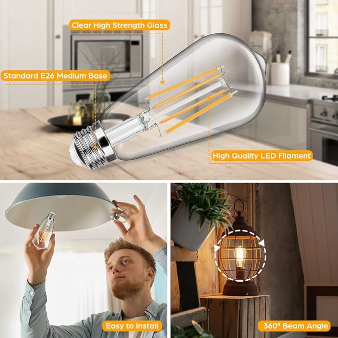 4-Pack Vintage LED Edison Bulbs 100W Equivalent 1400LM High Brightness 8W ST58 LED Filament Light Bulbs 3000K Warm White E26 Medium Base CRI90+ Antique Clear Glass for Home Dinning Room, Non-dimmable