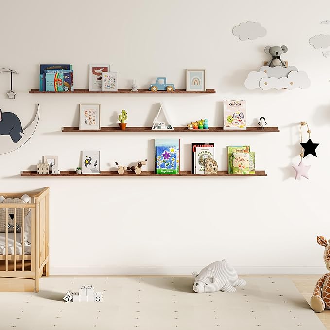 Fun Memories Picture Ledge Shelf, 40 Inch Floating Shelves Set of 2, Large Nursery Book Shelves for Toys Storage, Kids Bookshelf Wall Mounted for Wall Decor Books Photo Frames, Walnut