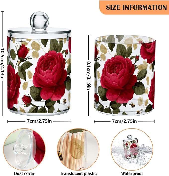 2 Pack Apothecary Jars Plump Red Roses and Bees Bathroom Vanity Storage Organizer Set,Small Clear Plastic Storage Jars Bathroom Canister for Cotton Swabs, Rounds, Balls, Qtips,Makeup Sponges, F