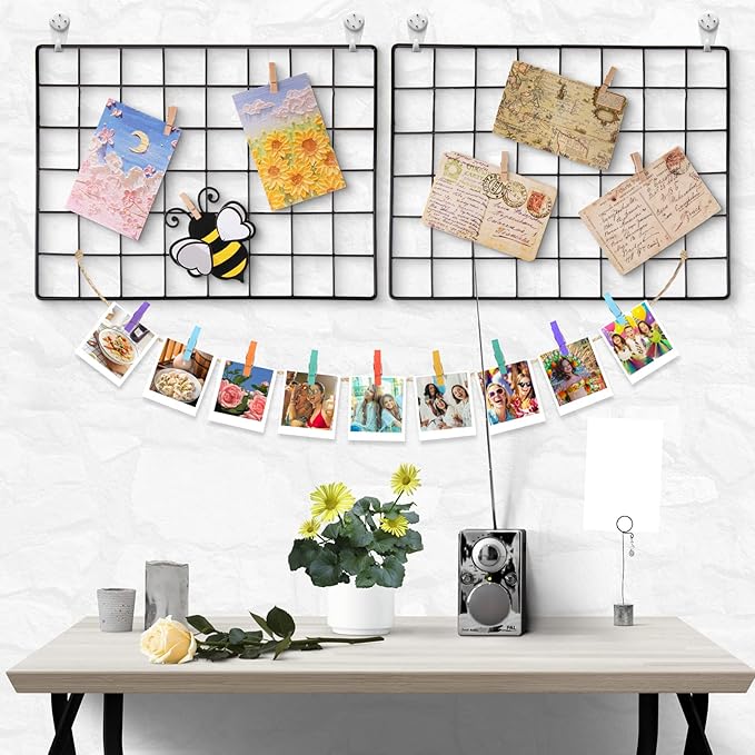 6 Pack 16 x 12 Inch Black Wall Grid Wire Panel with Accessories 1 Black Hanging Wire Basket, 1 Shelf, 1 Hook Rack, 2 Letter Sorter Shelf, 20 Clips, 12 Non Trace Nail, 2 Hemp Rope, Photo Home Decor