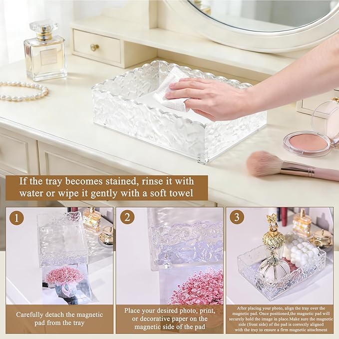 7.5"x5.5" Scalloped Acrylic Tray with Magnetic Mat - All-in-One Organizer for Jewelry, Makeup, Desk & Vanity, 2-in-1 as Tray & Photo Stand, for Women, Mom, Bride
