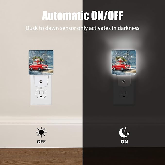 Retro Red Car Night Light, Christmas Tree Plug into Wall with Dusk to Dawn Light Sensors, Warm Nightlights for Bedroom,Bathroom, Hallway, Kitchen,Gifts Ideal for Boys Girls Women Men